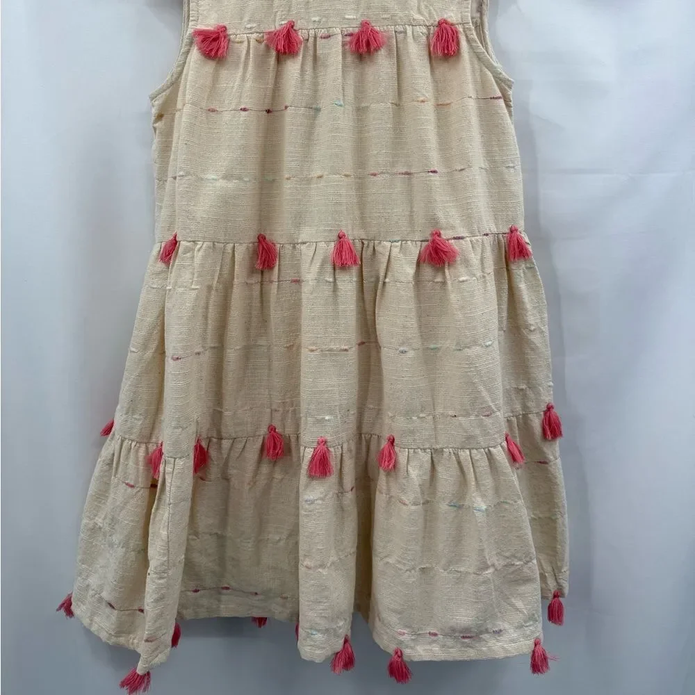 Poppet & Fox Girls Tiered 100% Cotton Tassel Dress in Cream | Size 10